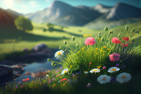 Beautiful summer landscape with flowers in the meadow at sunset.の写真素材