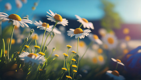 Chamomile flowers in the meadow. Nature background.の写真素材