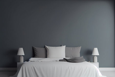 Interior of modern bedroom with grey walls, concrete floor, comfortable king size bed with gray pillows and two lamps. 3d renderingの素材