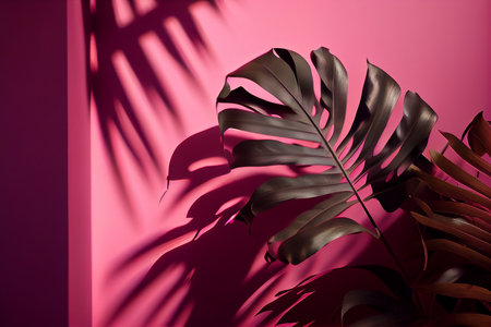 Tropical palm leaf on pink background with shadow. Minimal style.の素材
