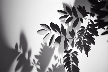 Abstract background with black and white leaves. Monochrome image. mock up template for product presentationの写真素材