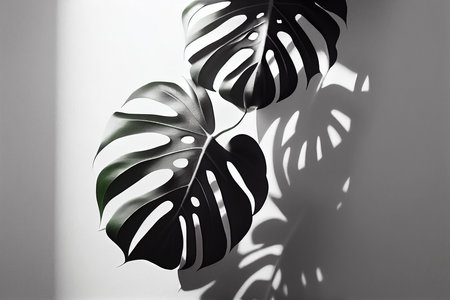 Monstera deliciosa leaves on white wall background, shadow overlay