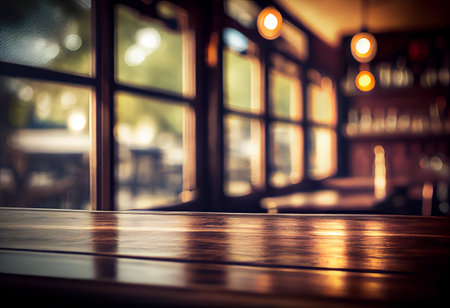 Empty wood table and Coffee shop blur background with bokeh image.. mock up template for product presentationの写真素材