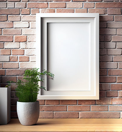 Blank picture frame mockup on brick wall. 3d render. mock up template for product presentationの写真素材