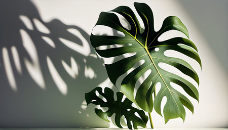 Monstera leaf on white wall background. 3d render. mock up template for product presentationの写真素材