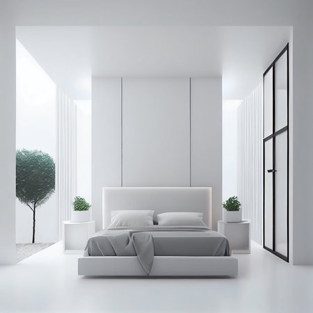 Interior of modern bedroom with white walls, concrete floor, comfortable king size bed and window. 3d renderingの写真素材