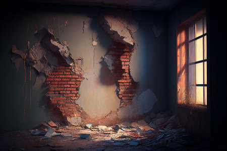 Broken brick wall and window in dark room. 3D renderingの素材
