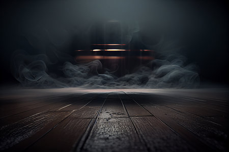 Dark wooden floor with fog. Dark background with smoke. 3d renderingの写真素材