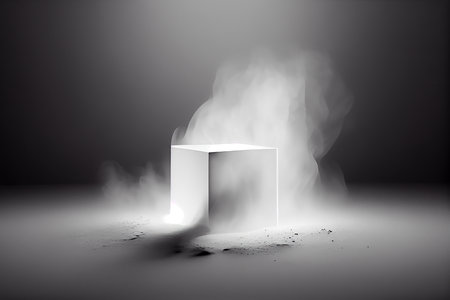 3D render of a white podium with smoke coming out of itの素材