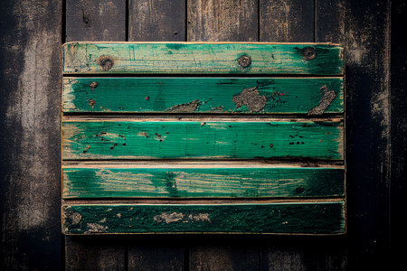 Old green wooden signboard on grunge wooden wall. Toned.の写真素材