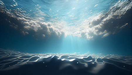 Underwater scene with sun ray and blue ocean. 3d renderの素材