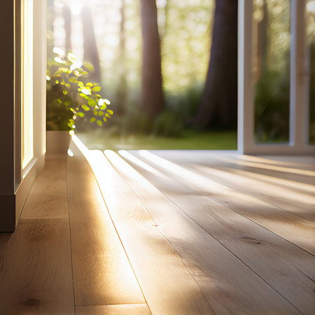 Wooden floor in front of the window with sunlight and shadow.の素材