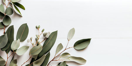 Eucalyptus branches on white wooden background. Flat lay, top view.の素材
