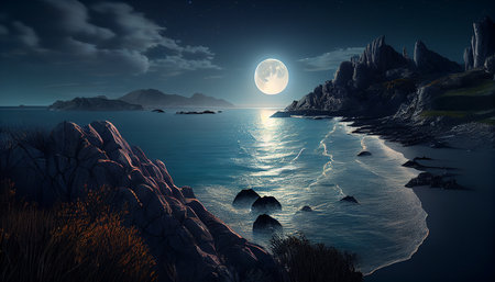 Fantasy landscape with sea and mountains at night. 3d renderingの素材