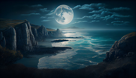 Fantasy landscape with mountains and sea at night. 3D renderingの写真素材