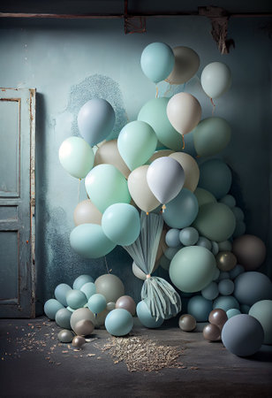 Blue and white balloons on the background of a blue wall. Vintage style.の素材