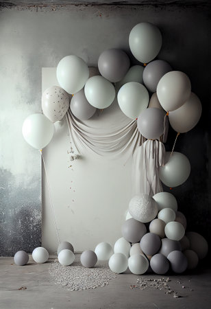 White balloons and white ribbons on a gray wall background. Birthday party decorationの素材