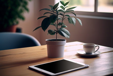 Blank screen Tablet computer and a plant on a wooden table in a cafeの写真素材