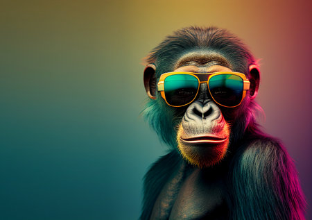 Creative animal concept. Chimpanze in sunglass shade glasses isolated on solid pastel background, commercial, editorial advertisement, surreal surrealism.の素材