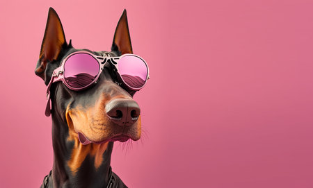 Creative animal concept. Doberman dog pup in sunglass shade glasses isolated on solid pastel background, commercial, editorial advertisement, surreal surrealism.の素材