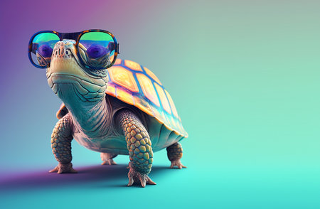 Creative animal concept. Turtle tortosie in sunglass shade glasses isolated on solid pastel background, commercial, editorial advertisement, surreal surrealism.の素材