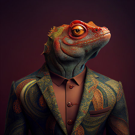Realistic lifelike chameleon in dapper high end luxury formal suit and shirt, commercial, editorial advertisement, surreal surrealismの素材