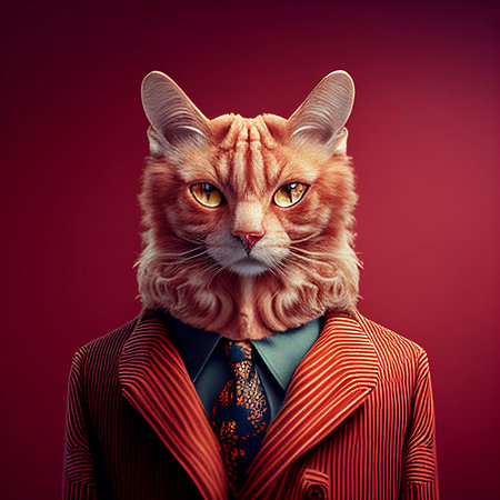 Realistic lifelike cat in dapper high end luxury formal suit and shirt, commercial, editorial advertisement, surreal surrealismの素材
