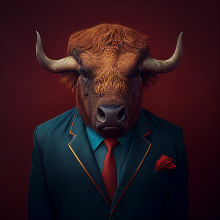 Realistic lifelike bull in dapper high end luxury formal suit and shirt, commercial, editorial advertisement, surreal surrealismの素材