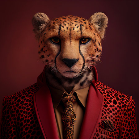 Realistic lifelike leopard in dapper high end luxury formal suit and shirt, commercial, editorial advertisement, surreal surrealismの素材