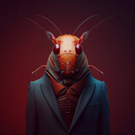 Realistic lifelike cockroach in dapper high end luxury formal suit and shirt, commercial, editorial advertisement, surreal surrealismの素材