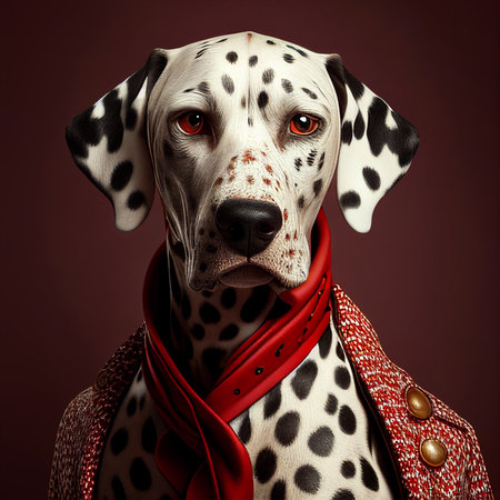 Realistic lifelike dalmatian dog in dapper high end luxury formal suit and shirt, commercial, editorial advertisement, surreal surrealismの素材
