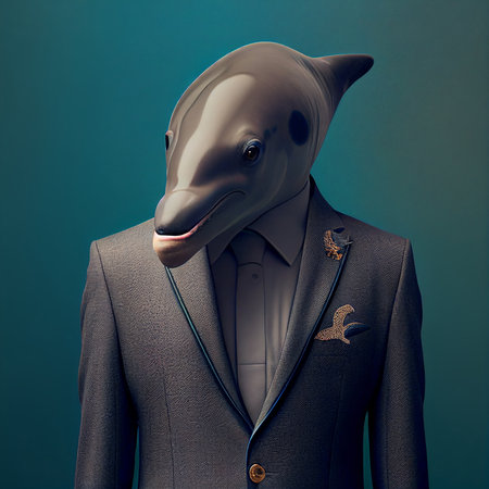 Realistic lifelike dolphin in dapper high end luxury formal suit and shirt, commercial, editorial advertisement, surreal surrealismの素材