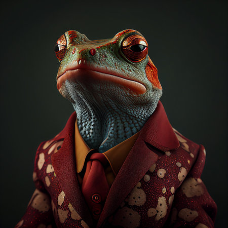 Realistic lifelike frog in dapper high end luxury formal suit and shirt, commercial, editorial advertisement, surreal surrealismの素材