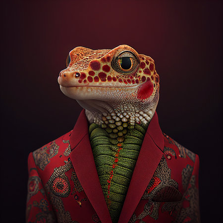 Realistic lifelike gecko in dapper high end luxury formal suit and shirt, commercial, editorial advertisement, surreal surrealismの素材