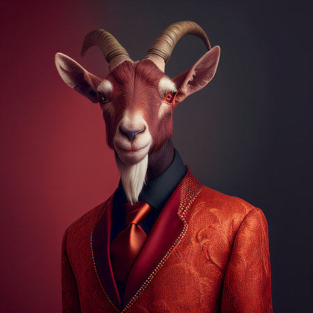 Realistic lifelike goat in dapper high end luxury formal suit and shirt, commercial, editorial advertisement, surreal surrealismの素材