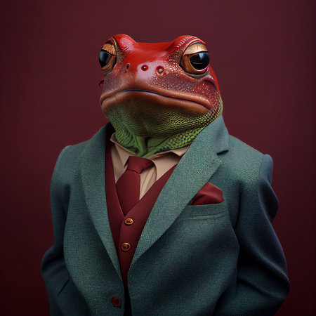 Realistic lifelike frog in dapper high end luxury formal suit and shirt, commercial, editorial advertisement, surreal surrealismの素材