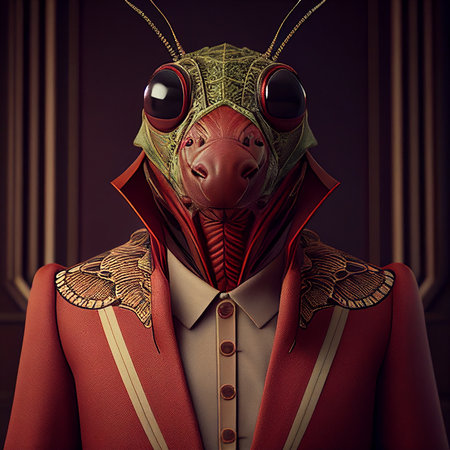 Realistic lifelike grasshopper in dapper high end luxury formal suit and shirt, commercial, editorial advertisement, surreal surrealismの素材