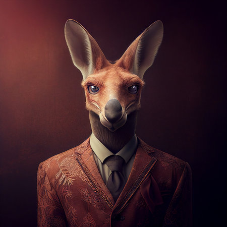 Realistic lifelike kangaroo in dapper high end luxury formal suit and shirt, commercial, editorial advertisement, surreal surrealismの素材