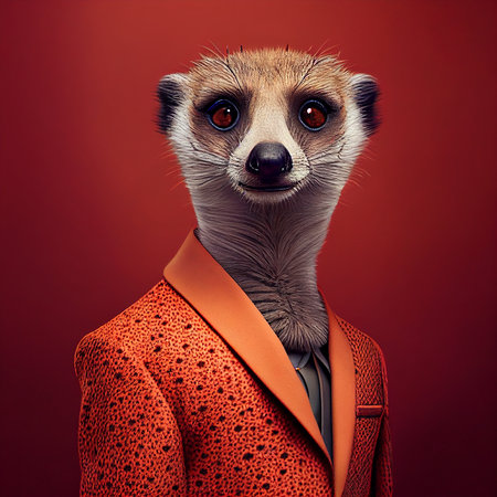 Realistic lifelike meerkat in dapper high end luxury formal suit and shirt, commercial, editorial advertisement, surreal surrealismの素材