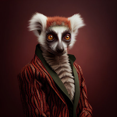 Realistic lifelike lemur in dapper high end luxury formal suit and shirt, commercial, editorial advertisement, surreal surrealismの素材