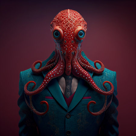 Realistic lifelike octopus in dapper high end luxury formal suit and shirt, commercial, editorial advertisement, surreal surrealismの素材