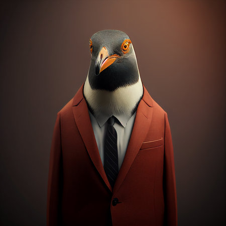 Realistic lifelike penguin in dapper high end luxury formal suit and shirt, commercial, editorial advertisement, surreal surrealismの素材