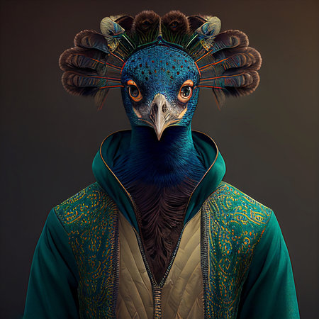 Realistic lifelike peacock in dapper high end luxury formal suit and shirt, commercial, editorial advertisement, surreal surrealismの素材
