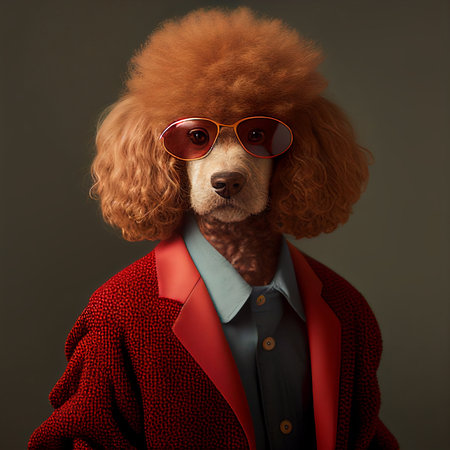 Realistic lifelike poodle dog in dapper high end luxury formal suit and shirt, commercial, editorial advertisement, surreal surrealismの素材