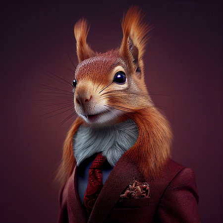 Realistic lifelike squirrel in dapper high end luxury formal suit and shirt, commercial, editorial advertisement, surreal surrealismの素材