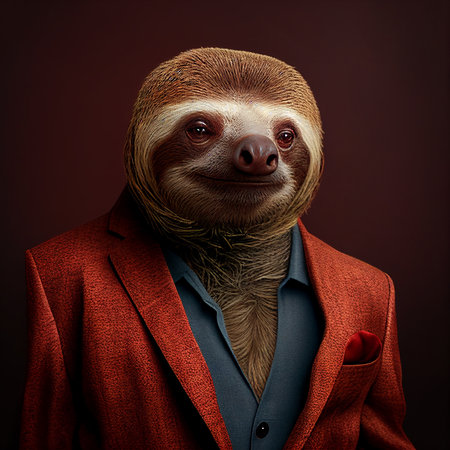 Realistic lifelike sloth in dapper high end luxury formal suit and shirt, commercial, editorial advertisement, surreal surrealismの素材