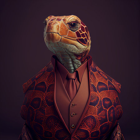 Realistic lifelike turtle tortoise in dapper high end luxury formal suit and shirt, commercial, editorial advertisement, surreal surrealismの素材