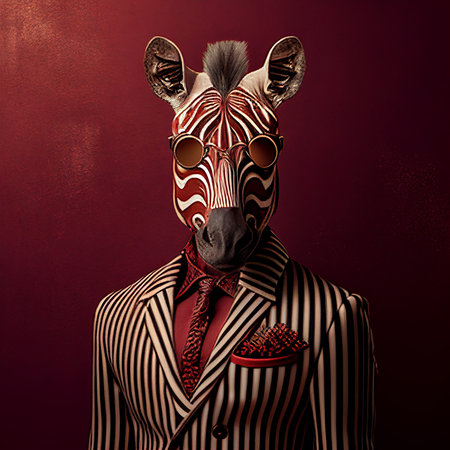 Realistic lifelike zebra in dapper high end luxury formal suit and shirt, commercial, editorial advertisement, surreal surrealismの素材