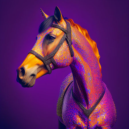 Realistic lifelike horse in disco neon glitter bright outfits, commercial, editorial advertisement, surreal surrealismの素材