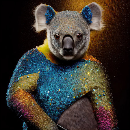 Realistic lifelike koala bear in disco neon glitter bright outfits, commercial, editorial advertisement, surreal surrealismの素材